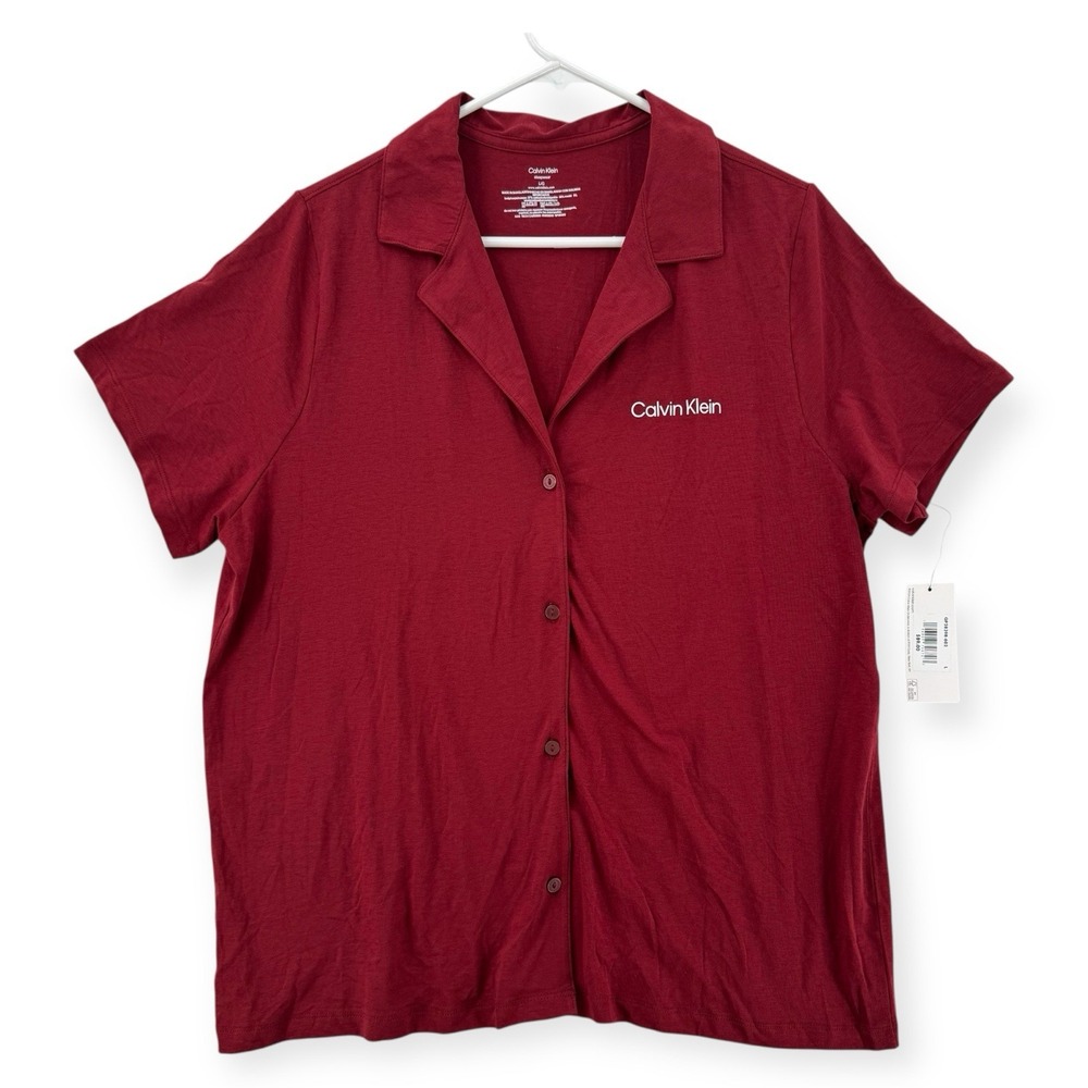 Calvin Klein Sleep Shirt Womens Large Button Front Collared Short Sleeve Red NWT